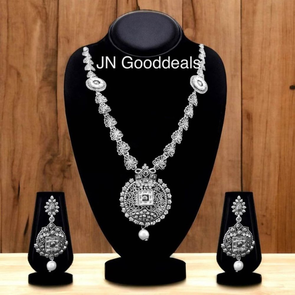 Oxidised Plated White Austrian Stone Long Necklace Set